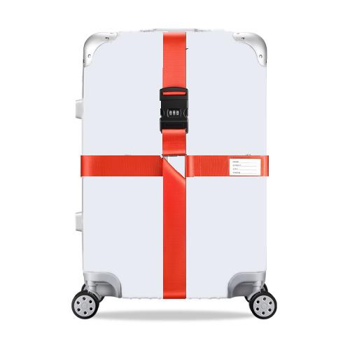 White hard-shell suitcase with orange cross reinforcement straps and combination lock