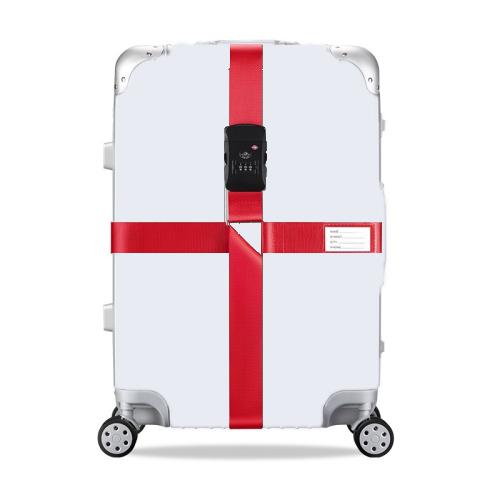 White hard-shell suitcase with red cross reinforcement straps and keypad combination lock