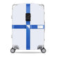 White hard-shell suitcase with blue cross reinforcement straps and keypad combination lock