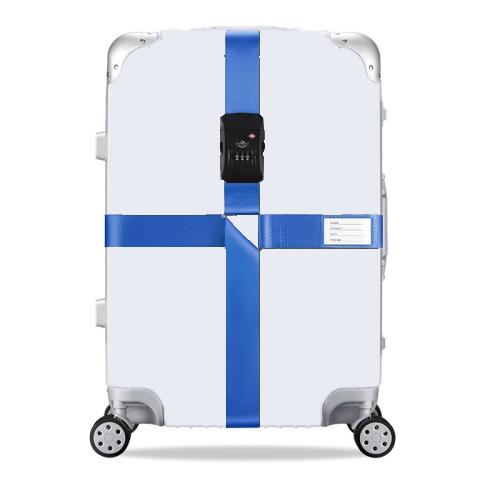 White hard-shell suitcase with blue cross reinforcement straps and keypad combination lock