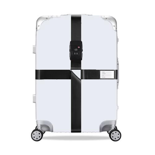 White hard-shell suitcase with black cross reinforcement straps and keypad combination lock