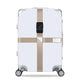 White hard-shell suitcase with khaki cross reinforcement straps and keypad combination lock