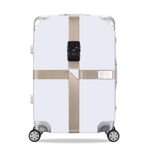 White hard-shell suitcase with khaki cross reinforcement straps and keypad combination lock