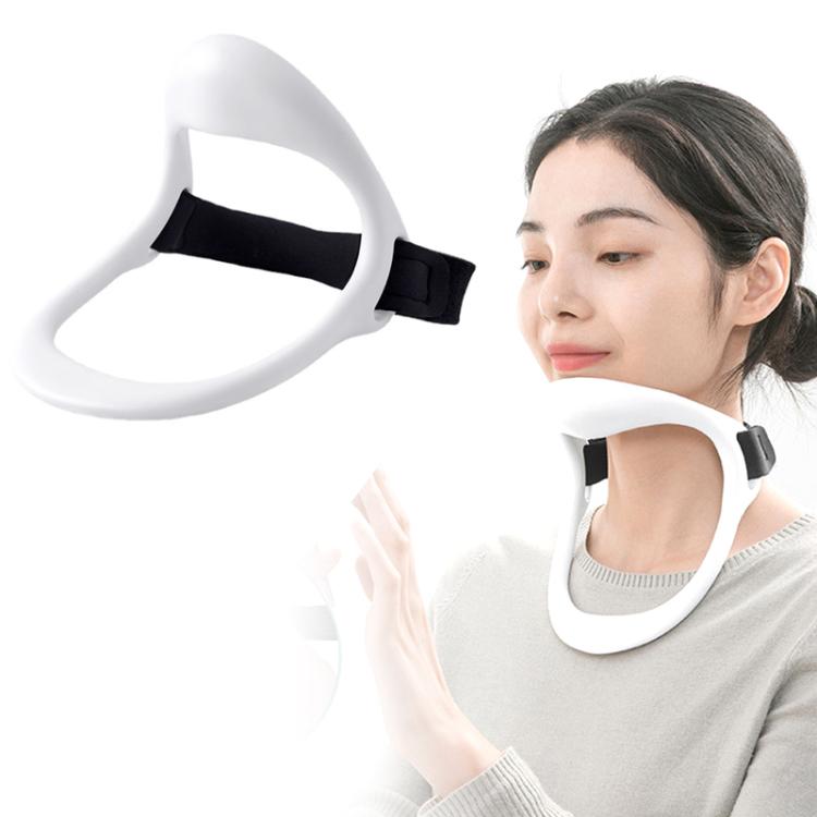 White U-shaped cervical neck support with black adjustable strap, worn around neck