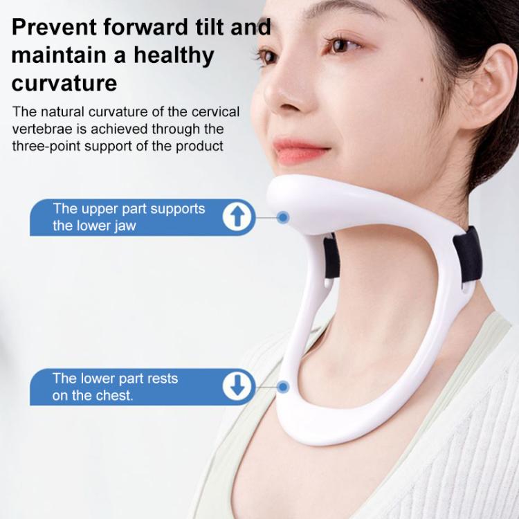 White cervical support collar with black strap, fitted around chin and neck