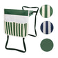 Green gardening tool storage bag on bench cart frame with striped front pocket