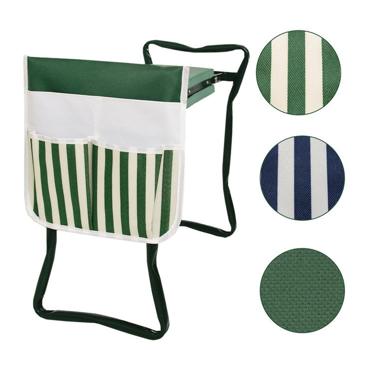 Green gardening tool storage bag on bench cart frame with striped front pocket