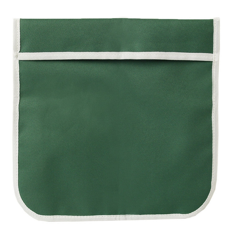 Green gardening tool storage bag with large front panel and white stitched edge