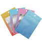Assorted gradient foil ziplock pouches with round hanging holes and clear windows