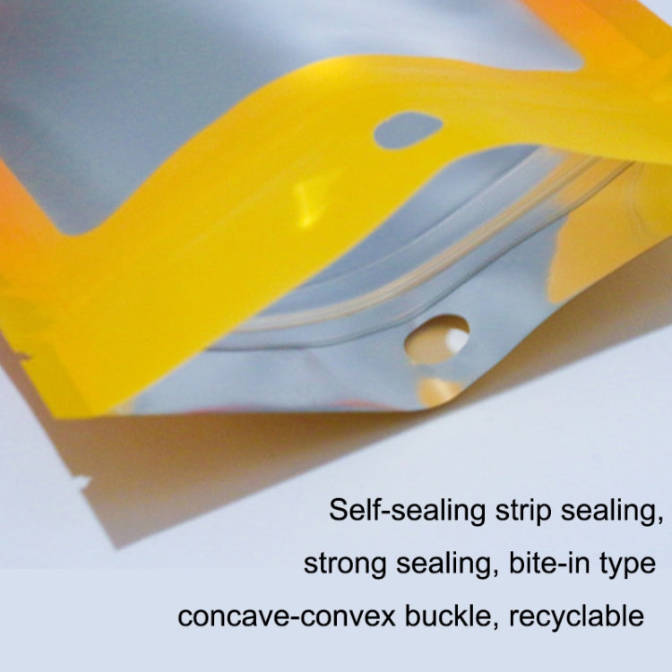 Close-up gradient foil ziplock pouch edge with self-seal strip and hanging hole