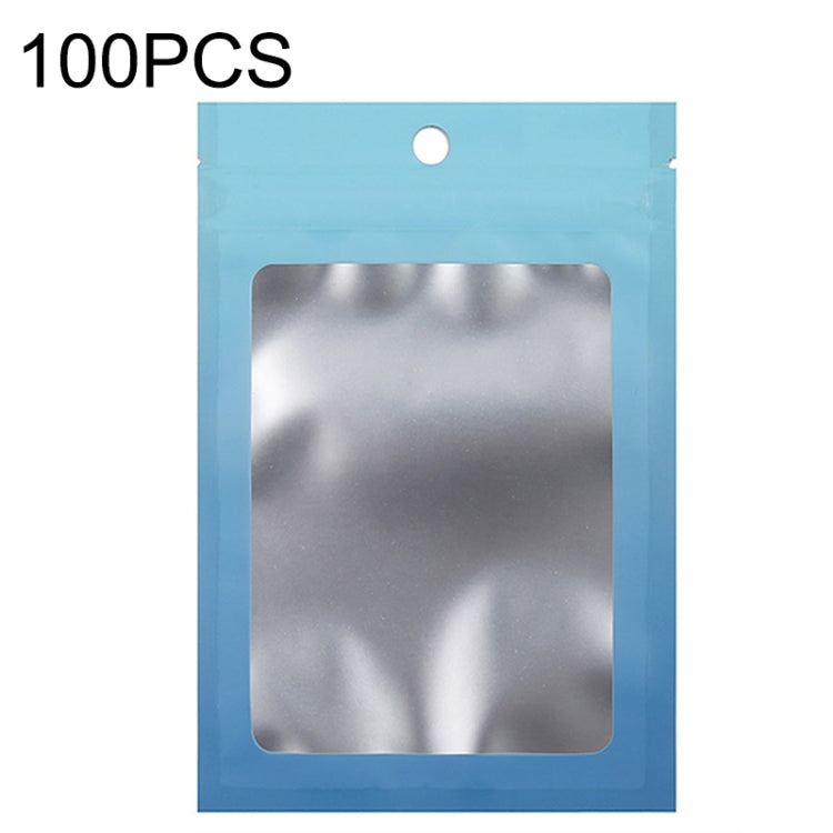 Gradient foil ziplock pouch with round hanging hole and clear window, blue