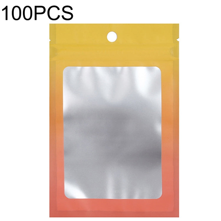 Gradient foil ziplock pouch with round hanging hole and clear window, yellow-orange