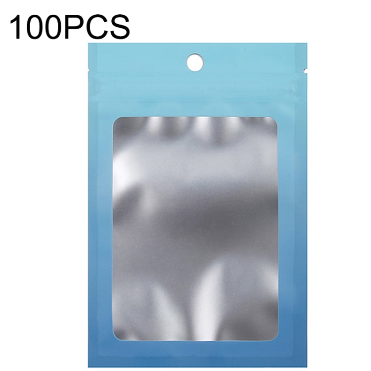 Gradient foil ziplock pouch with round hanging hole and clear window, light blue