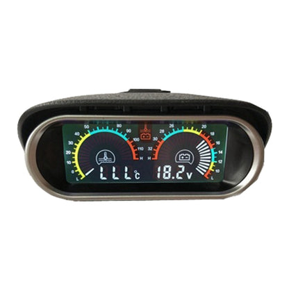 Digital vehicle gauge with dual dial display and numeric readings on a black housing.
