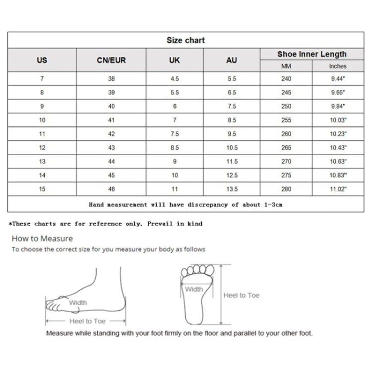 Size chart for men’s sandals with US and CN/EUR shoe size and inner length