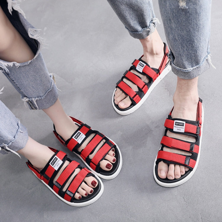 Red men’s slide sandals with adjustable hook-and-loop straps and open toe