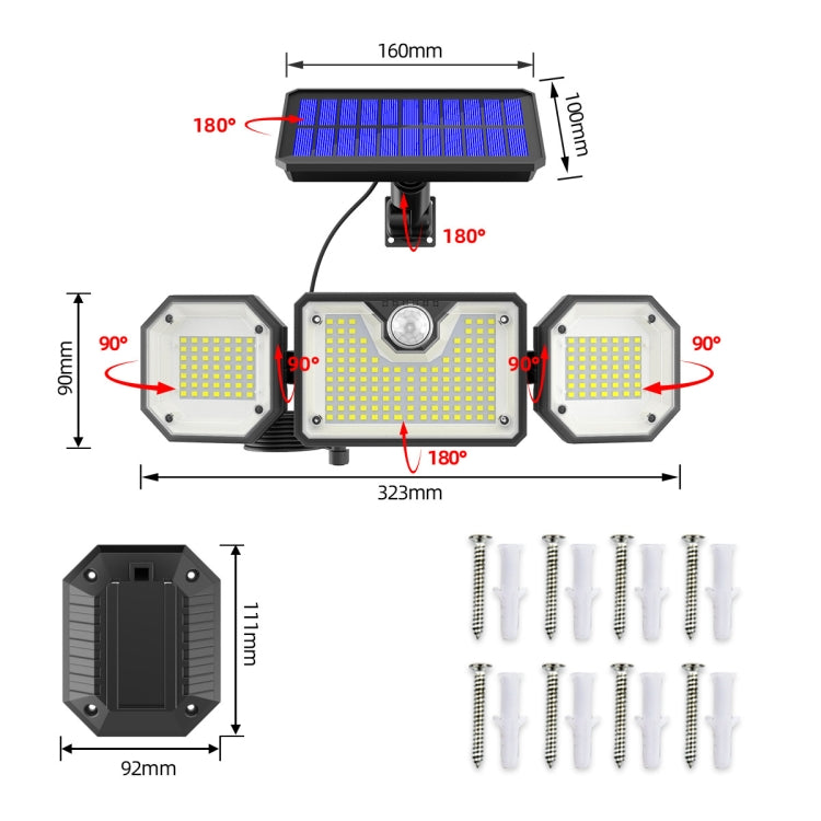 Three-panel solar LED motion sensor light with adjustable angles and wall-mount screws