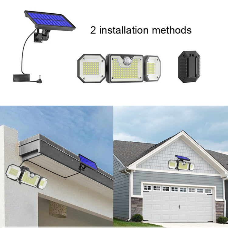 Solar LED motion sensor light with solar panel and wall-mount bracket, triple LED heads