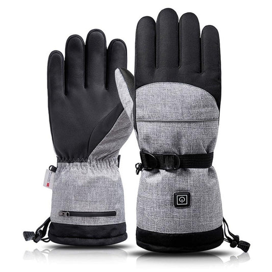 Electric thermal hand warmer gloves, gray and black fabric with control module on palm