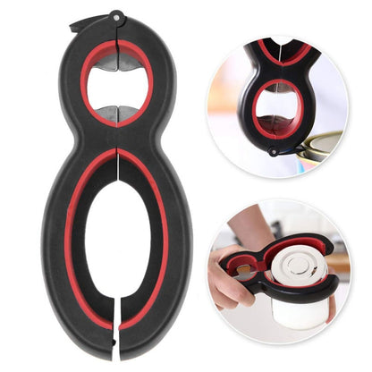 6-in-1 can and bottle opener tool, black plastic with red accents, double-ring design