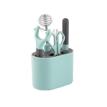 Kitchen peeler set with storage holder, mint teal handles and dark grips