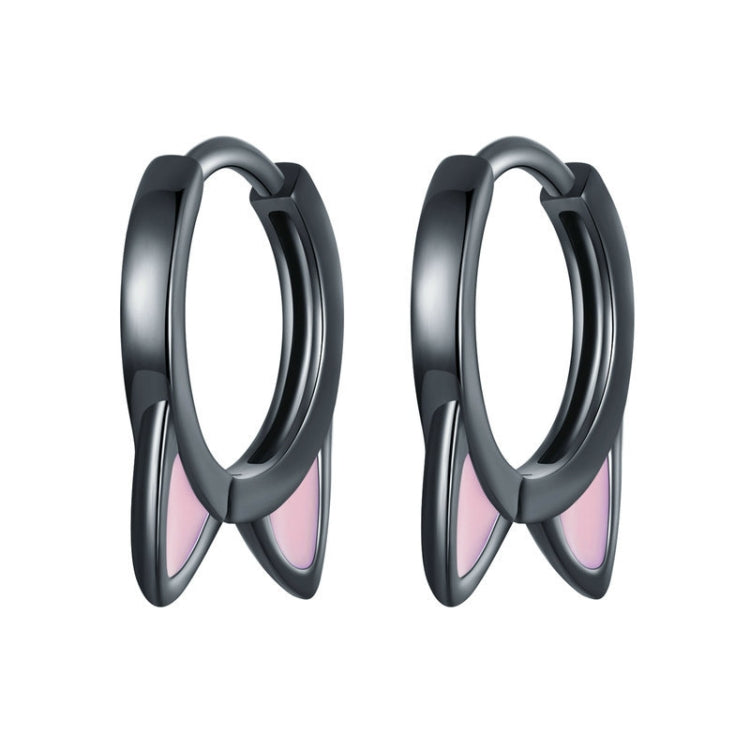 Cat-ear hoop earrings, dark silver metal with pink inner accents, pair