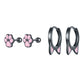 Cat paw stud and cat-ear hoop earrings set, dark metal with pink details, pair