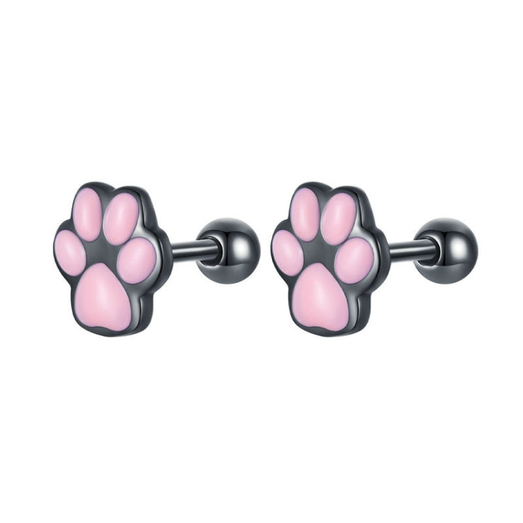 Cat paw stud earrings, glossy pink paw pads on dark metal backs, pair