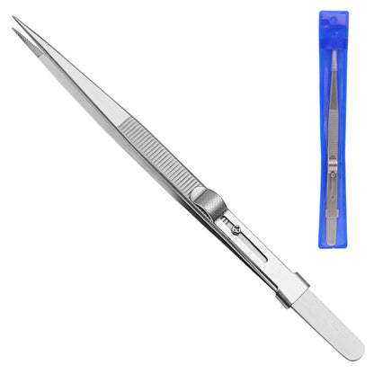 Slotted stainless steel jewelry tweezers with straight tips, locking mechanism