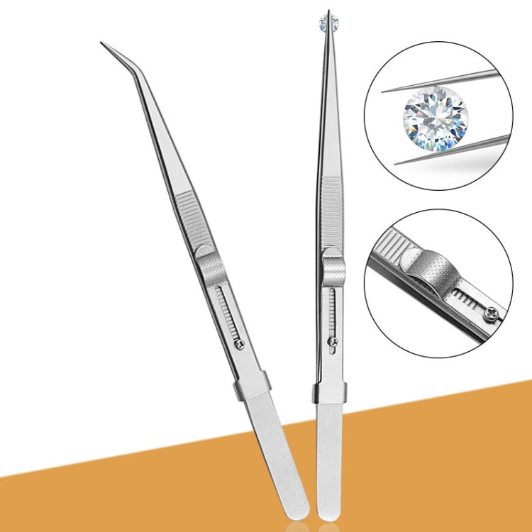 Pair of stainless steel slotted jewelry tweezers with pointed, diamond-ready tips