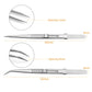 Stainless steel slotted tweezers with straight and curved tip openings, size chart