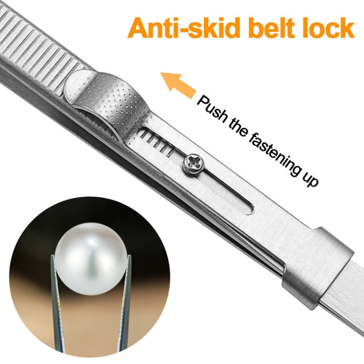 Stainless steel slotted jewelry tweezers with textured grip and belt-lock