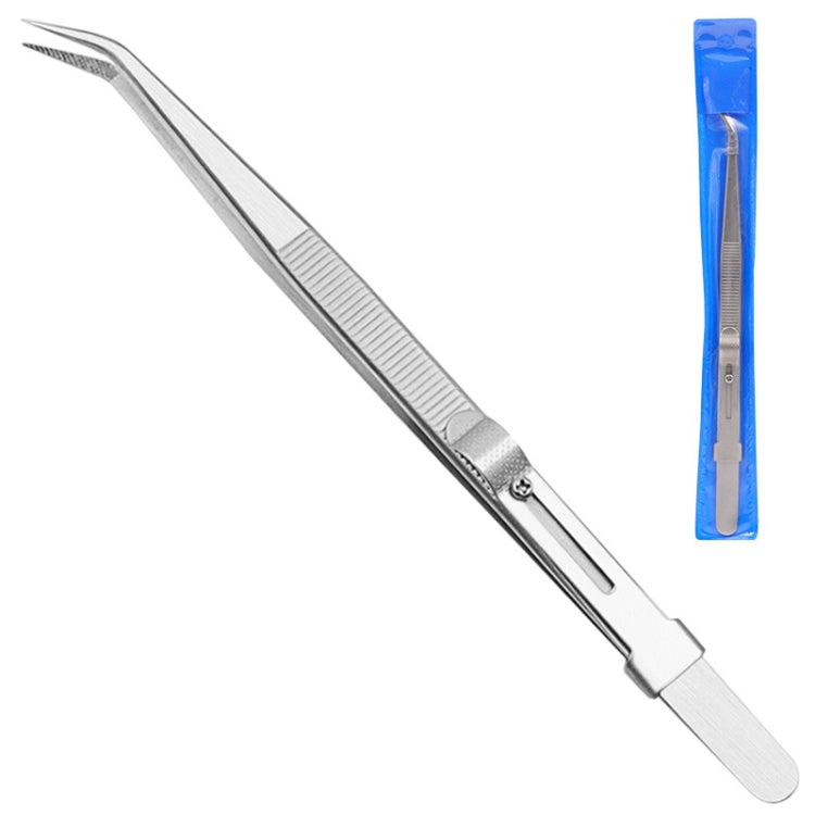 Slotted stainless steel jewelry tweezers with curved tips, locking mechanism
