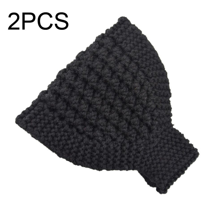 Wool-knit headband ear warmer, black, wide triangle shape