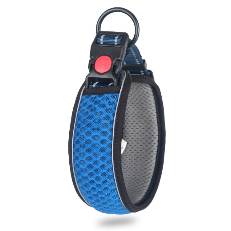 Breathable honeycomb dog collar with blue mesh, black trim, buckle and D-ring