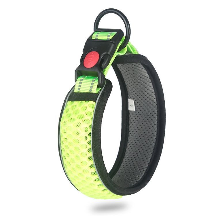 Breathable mesh dog collar with buckle and D-ring, neon green and gray, reflective accents