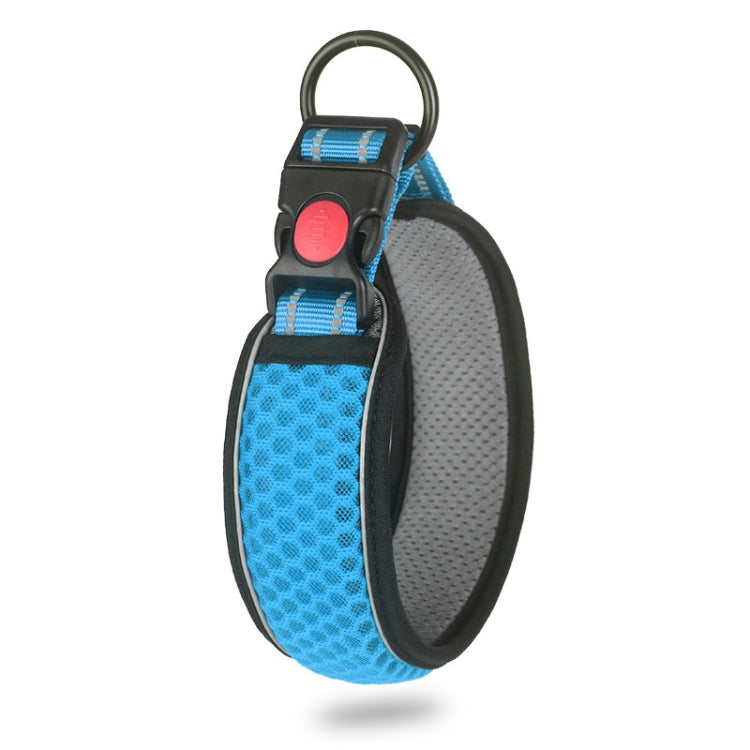 Breathable mesh dog collar with buckle and D-ring, light blue and gray, reflective accents