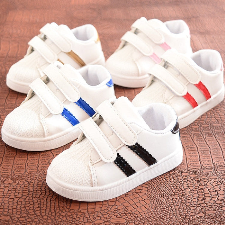 Children's white sneakers with black and blue side stripes and double hook-and-loop straps