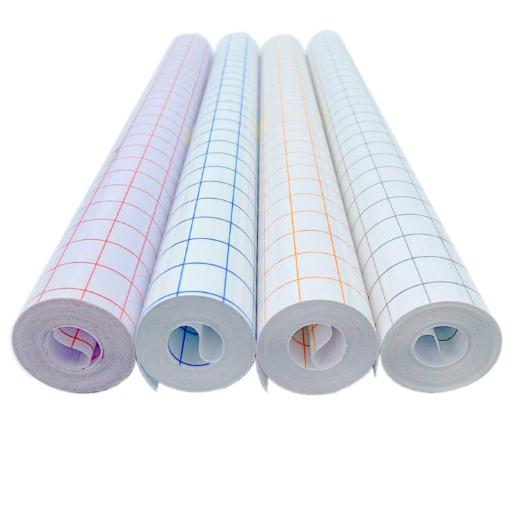 Four clear lattice positioning transfer film rolls with blue, orange, red, and gray grids