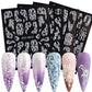 3D carved nail art sticker set with baroque patterns; sample nails in pastel tones