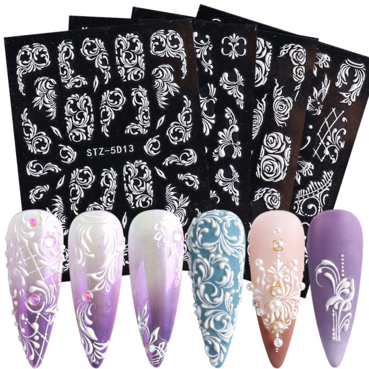 3D carved nail art sticker set with baroque patterns; sample nails in pastel tones
