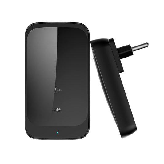 Black wireless doorbell receiver with EU plug, shown from front and side