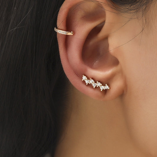 Silver-tone zircon bar ear cuff and star row ear climber earrings