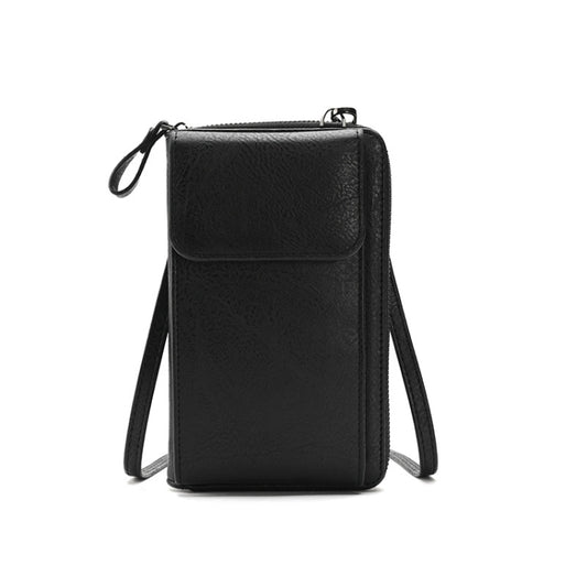 Black vertical phone crossbody bag with front flap, zipper top, and adjustable strap