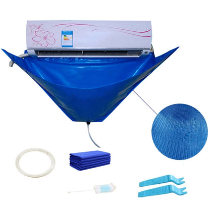 Blue AC cleaning cover bag with drain hose, brushes, and small accessory set