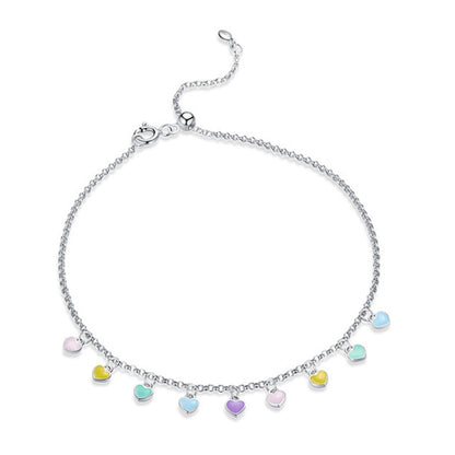Silver anklet with multicolor heart charms and fine link chain