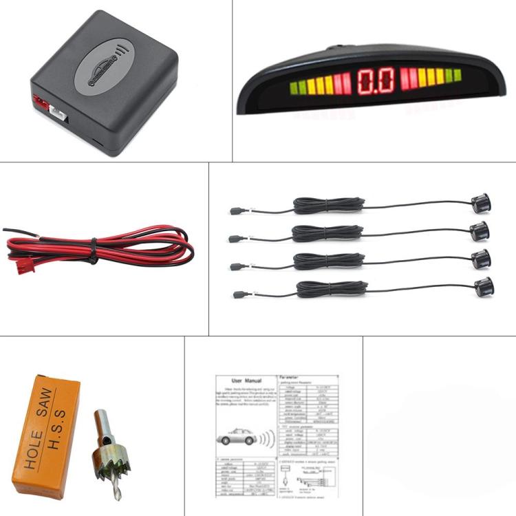 Car parking sensor kit with LCD unit, control module, four sensor cables and wiring set