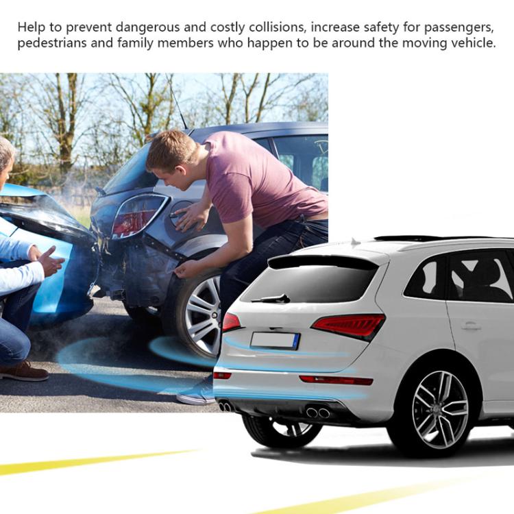 Car parking sensor system near-vehicle safety view with sedan and pedestrians nearby