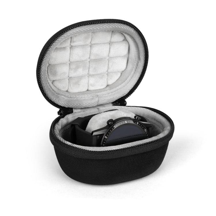 Black round smartwatch storage case with plush inner lining and zip closure.
