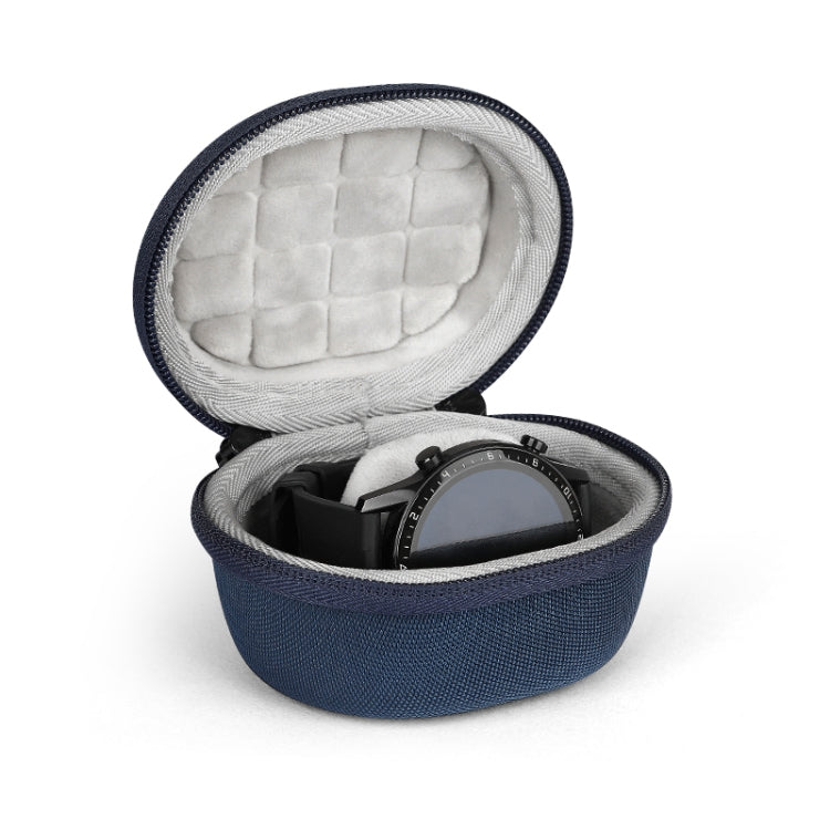 Blue round smartwatch storage case with plush inner lining and zip closure.